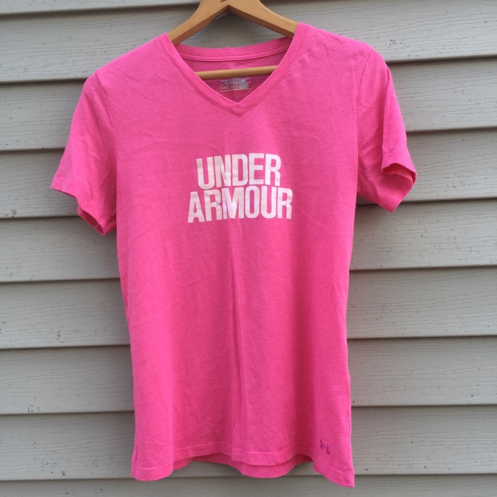 Pink Under Armour tee with a V neckline. Size M